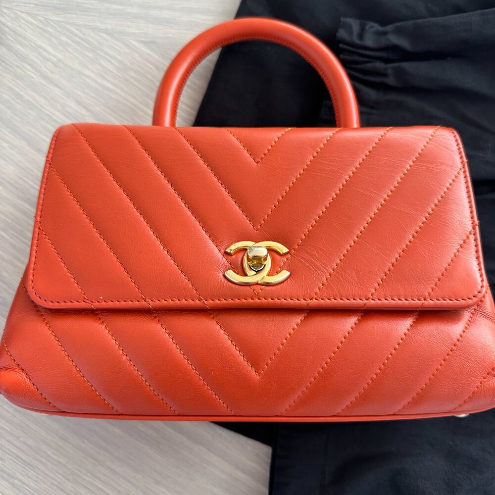 Chanel Small Coco Top Handle Chevron Quilted Flap Calfskin Red Orange/Gold Hrdwr
